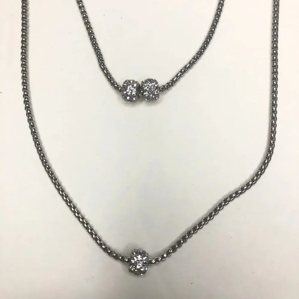 Layered Necklace with Pave Stone Embellished Beads Silver Tone Chain